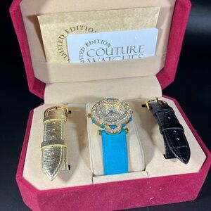 Adrienne Turquoise Leather Strap Gold-Tone Watch Set with additional Bands
